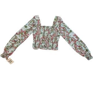 Open Edit Corset Top Abstract Pink-Green-Blue Print Long Sleeve Smocked Size S